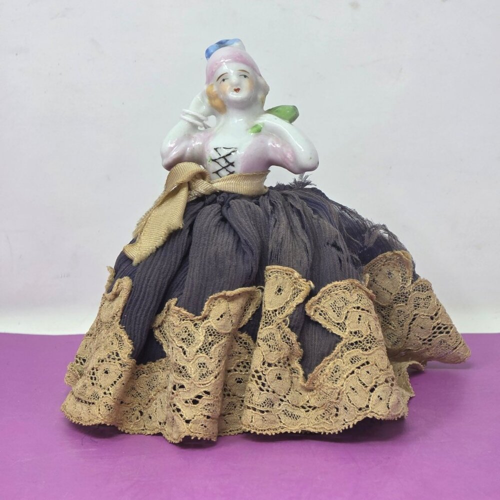 Vintage Porcelain Half Doll Pincushion With Lace‎ Skirt And Fabric Details